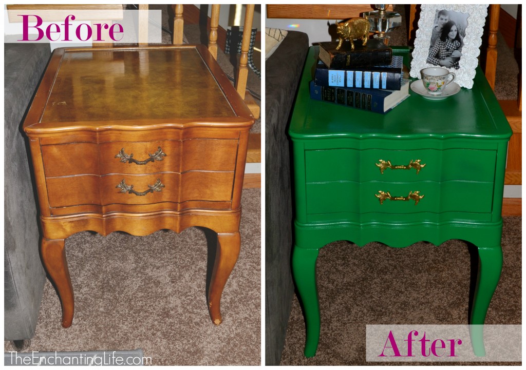 before and after green side table