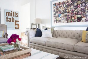 Beige linen Chesterfield sofa in a designer living room